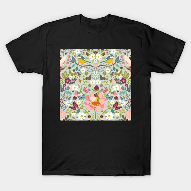 Flower fairies in a secret woodland glade on pale blue T-Shirt by NattyDesigns